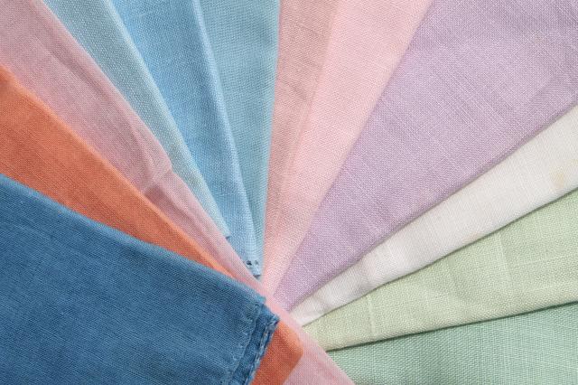 lot vintage fine linen handkerchiefs, pastel colored hankies w/ hemstitching