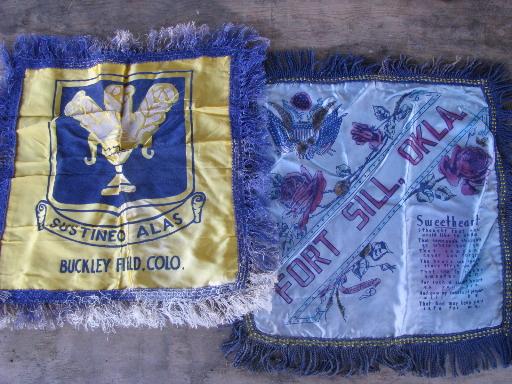 lot vintage fringed satin souvenir pillow covers, WWII Army, Navy, Air Force