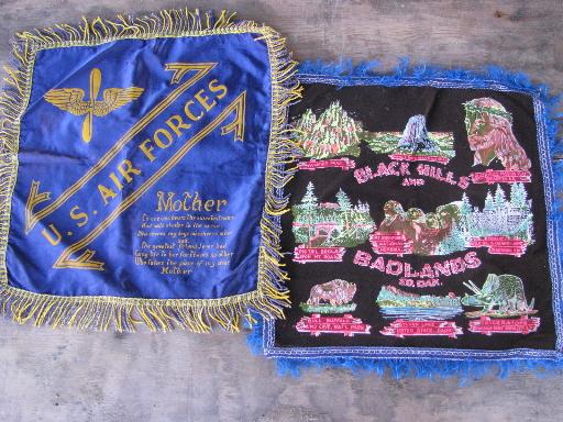 lot vintage fringed satin souvenir pillow covers, WWII Army, Navy, Air Force