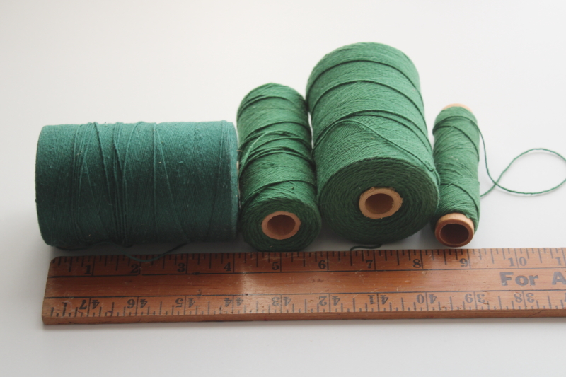 lot vintage green cotton string or package tying cord, big old spools of heavy cotton thread