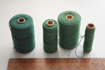 lot vintage green cotton string or package tying cord, big old spools of heavy cotton thread