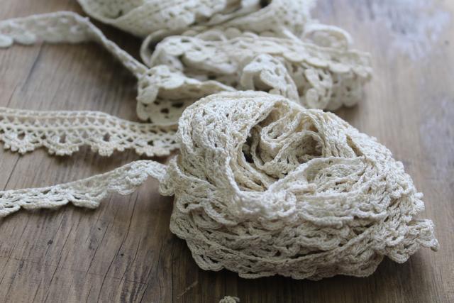 lot vintage handmade crochet lace sewing trim, narrow baby lace edgings