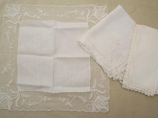 lot vintage hankies, Swiss and Madeira style embroidered lace handkerchiefs