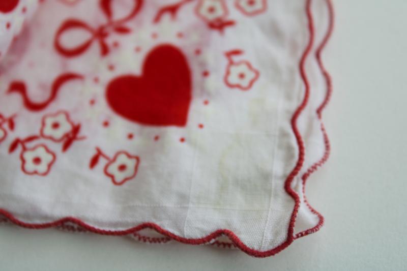 lot vintage hankies Valentine's Day prints, red & white Valentine hearts handkerchiefs