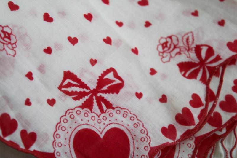 lot vintage hankies Valentine's Day prints, red & white Valentine hearts handkerchiefs
