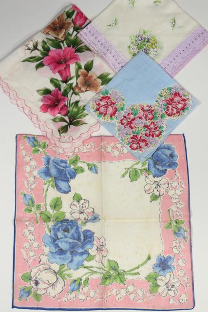 lot vintage hankies w/ flower prints, 40+ pretty printed cotton handkerchiefs
