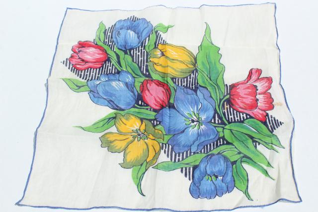 lot vintage hankies w/ flower prints, pretty printed cotton handkerchiefs