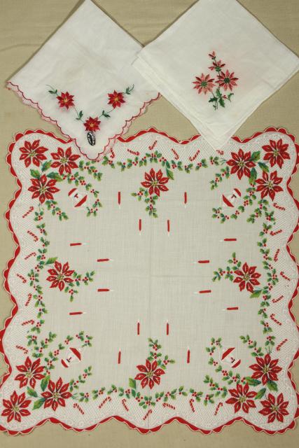 lot vintage hankies w/ holiday prints, cotton handkerchiefs for Christmas