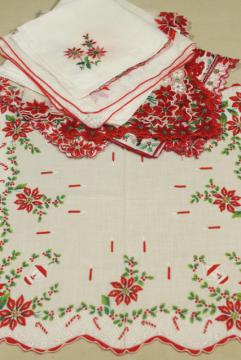 Four Vintage Christmas Hankies~Flocked Organza & Embroidered~Made in Japan Foil Label~Candles Bells Poinsettias 4
