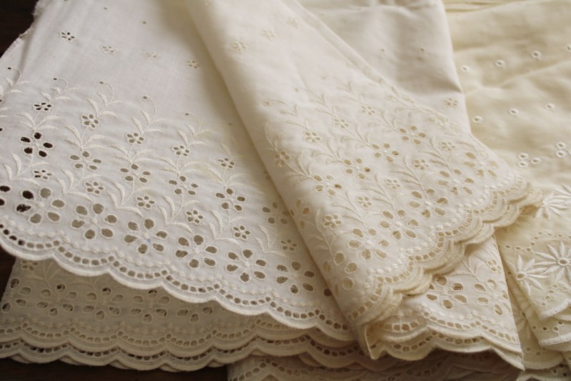 lot vintage ivory cotton eyelet lace border fabric, different patterns 16  yds in all