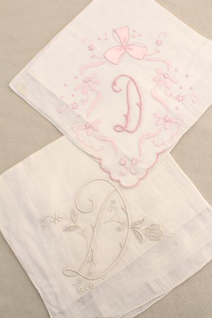 lot vintage ladies hankies, D monogram letter embroidered handkerchiefs 