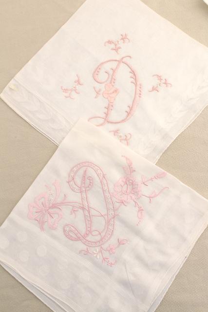 lot vintage ladies hankies, D monogram letter embroidered handkerchiefs 