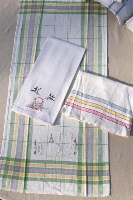 lot vintage linens w/ crochet lace & embroidery, kitchen tea towels and guest hand towels