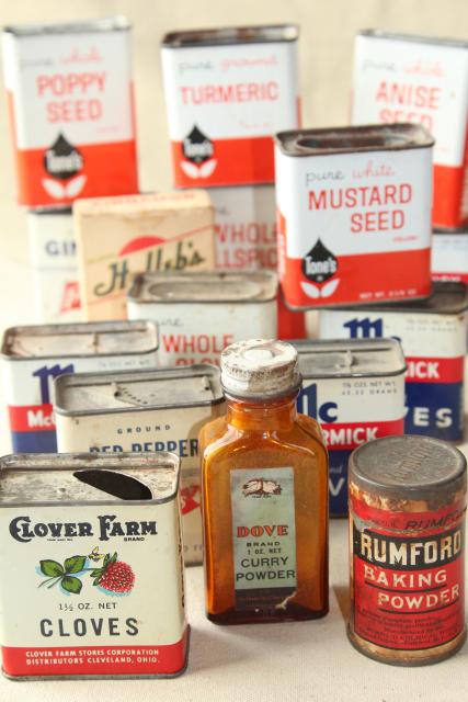 lot vintage metal spices tins, boxes, glass bottle from Dove, Frank Tea Spice Co