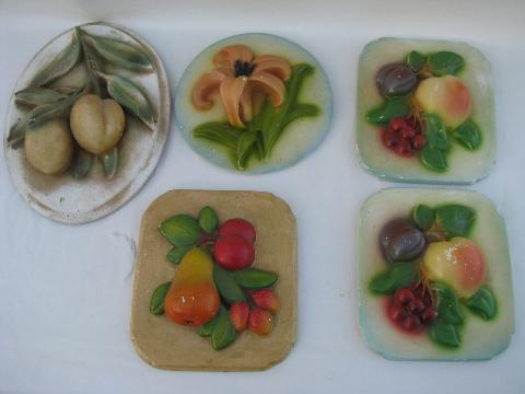 lot vintage painted plaster chalkware wall plaques, flowers & fruit