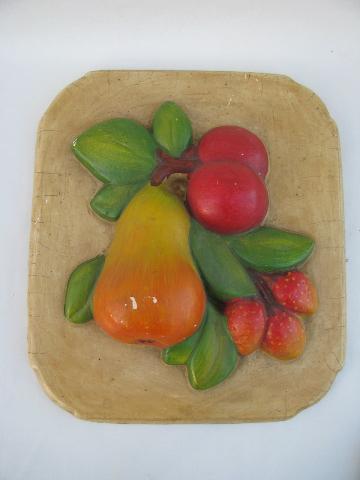 lot vintage painted plaster chalkware wall plaques, flowers & fruit
