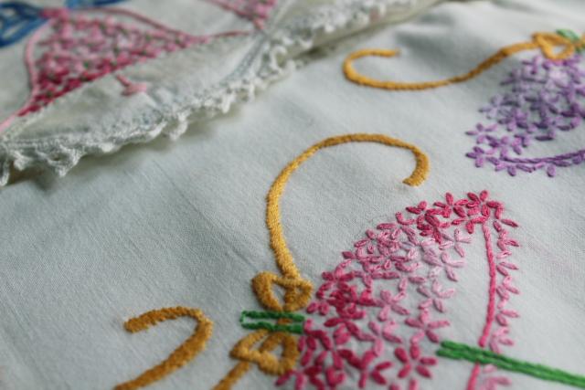 lot vintage pillowcases w/ embroidery & crochet lace, fixer uppers linens to soak or upcycle