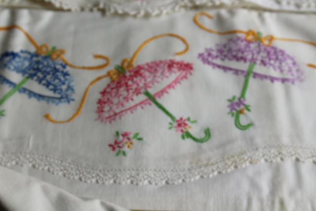 lot vintage pillowcases w/ embroidery & crochet lace, fixer uppers linens to soak or upcycle