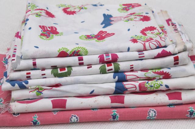 lot vintage print cotton feed sack fabric, assorted scrap pieces for sewing / quilting