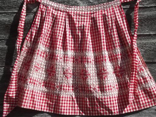 lot vintage red and white checked gingham half aprons, one for each day of the week