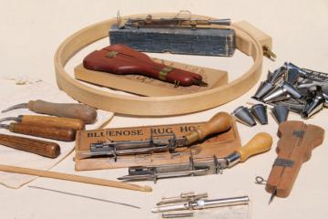 lot vintage rug tools, punch needle hooks, hoop, braided rugmaking tool set