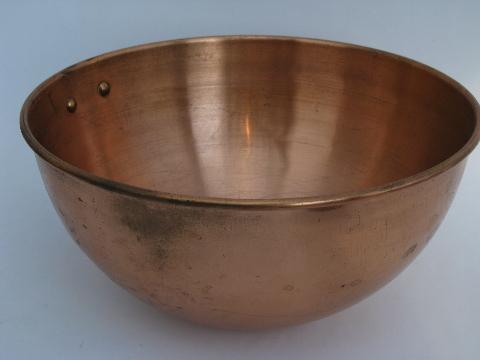 lot vintage solid copper kitchenware, round bottom mixing bowls