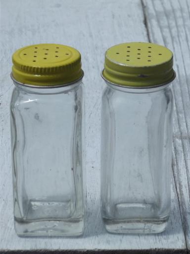 lot vintage spice jars and small kitchen bottles, some w/ metal shaker lids