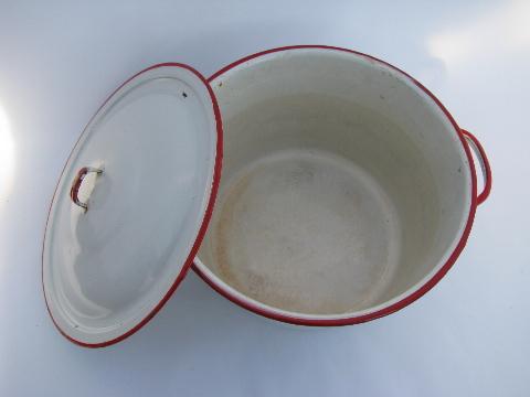 lot vintage white / red band graniteware enamel kitchenware, pots, pans, bowl