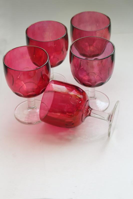 lot vintage wine glasses or water goblets, ruby cranberry stain glass flashed color