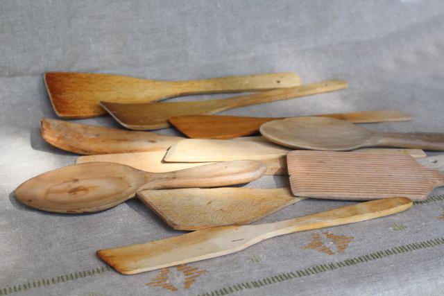lot vintage wood spoons, spurtles, paddles - rustic farmhouse kitchenware utensils
