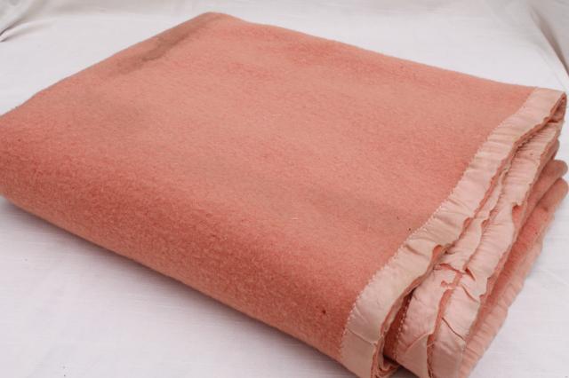 lot vintage wool bed blankets in pink, shabby shrunken felted fabric for cutters or rugs
