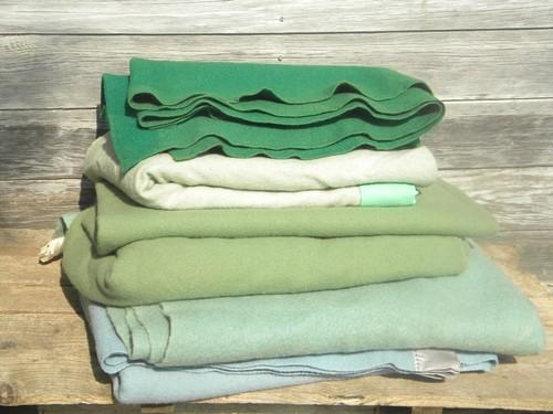 lot vintage wool blankets, blue and green, felted cutting fabric for rugs or crafts?