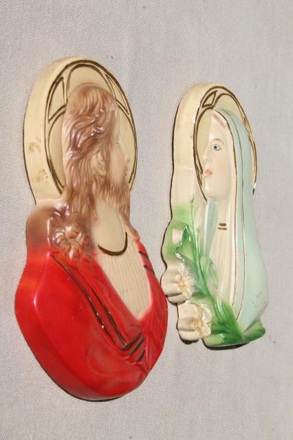 lovely old religious wall plaques, vintage chalkware Mary & Jesus