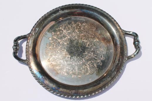 lovely vintage tarnished silver serving tray w/ glass platter or cake plate