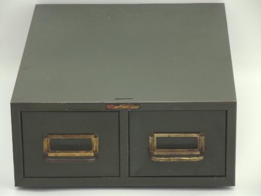 machine age industrial file box/card catalog old  olive drab paint 