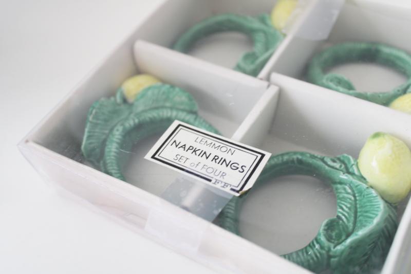 majolica lemons ceramic napkin rings in original boxes FF Japan label Fitz & Floyd