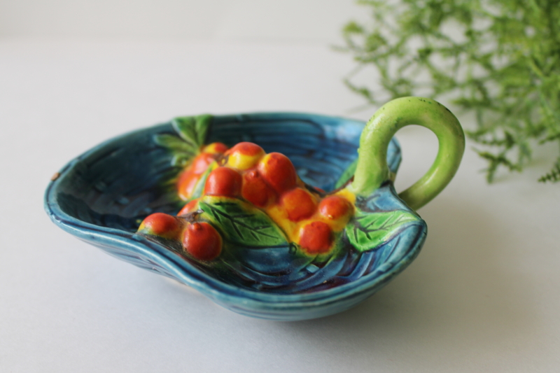 majolica pottery style trinket dish w/ orange bittersweet berries vintage Japan hand painted