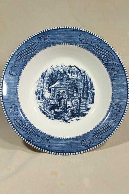 maple sugaring scene Currier & Ives, vintage blue and white transferware china serving bowl