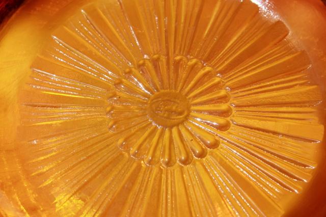 marigold amber iridescent vintage Fenton glass daisy & button pattern large crimped bowl