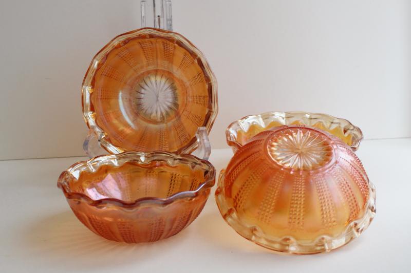 marigold orange carnival glass fruit bowls, Hazel Atlas diamond point columns pattern