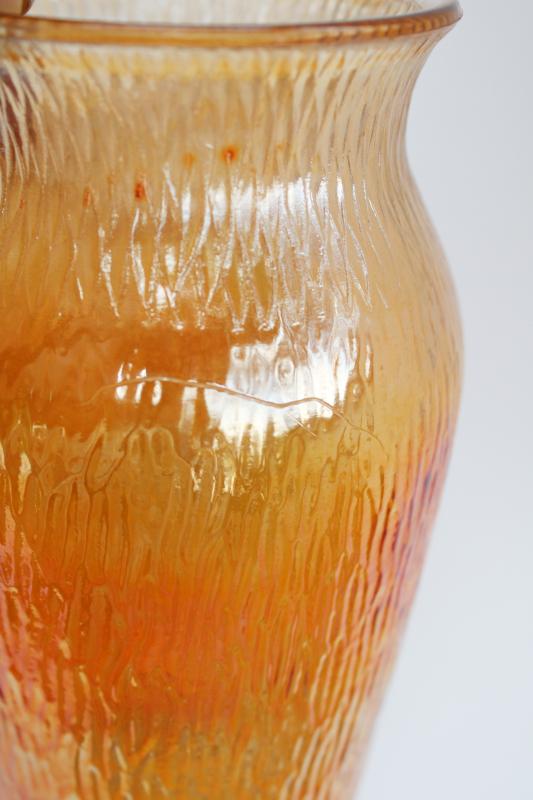 marigold orange iridescent luster carnival glass, tree bark textured vintage glass vase