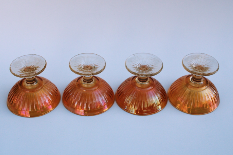 marigold orange luster carnival glass sherbet dishes, vintage glassware set