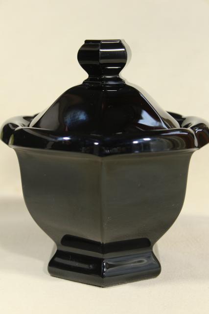 marked Baccarat ebony black crystal jam pot or covered jar, vintage Missouri pattern