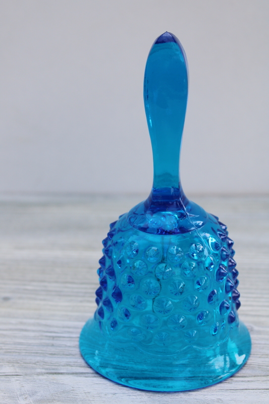 marked Fenton hobnail glass bell, 1970s vintage colonial blue colored glass
