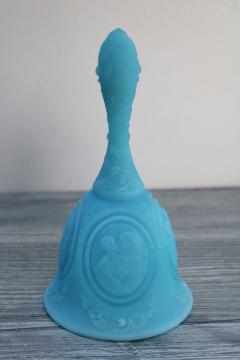 marked Fenton vintage blue satin glass bell, Madonna mother and child pattern
