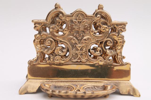 massive solid brass letter holder stand, vintage Victorian style desk accessory for papers