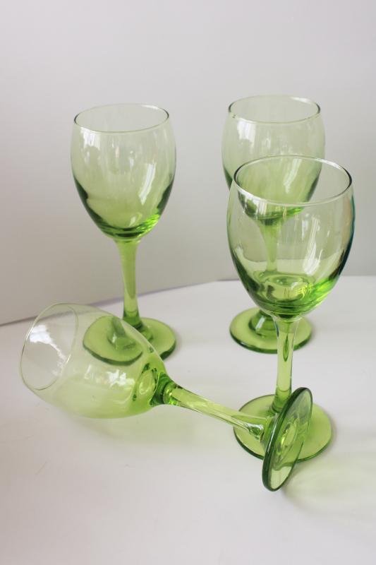 matcha green tea colored glass stemware, water goblets or wine glasses 