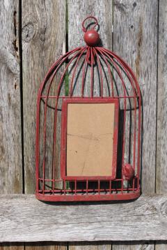 metal bird cage wall art frame, barn red wire birdcage rustic farmhouse decor