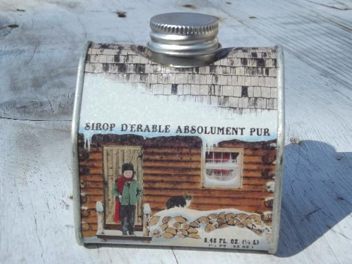 metal cabin maple syrup tins lot, a whole village of old winter cabins!