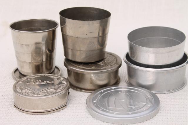 metal drinking cups pocket portable camp travel, collapsible folding cup lot antique & vintage